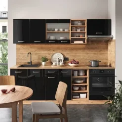 R-Line kök, 240 cm utan bänkskiva, Blank svart/Gyllene ek, Vicco