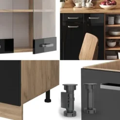 R-Line kök, 240 cm utan bänkskiva, Blank svart/Gyllene ek, Vicco