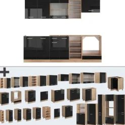 R-Line kök, 240 cm utan bänkskiva, Blank svart/Gyllene ek, Vicco