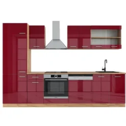 R-Line kök, 300 cm utan bänkskiva, blank vinröd/guld ek, Vicco