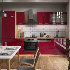 R-Line kök, 300 cm utan bänkskiva, blank vinröd/guld ek, Vicco