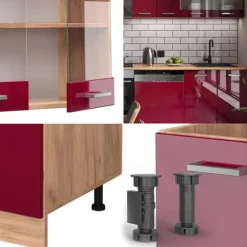 R-Line kök, 300 cm utan bänkskiva, blank vinröd/guld ek, Vicco