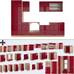 R-Line kök, 300 cm utan bänkskiva, blank vinröd/guld ek, Vicco