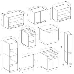 R-Line kökslinje, 350 cm med högskåp, PT Marble, ädelgrå/vit, Vicco