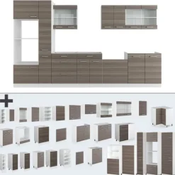 R-Line kökslinje, 350 cm med högskåp, PT Marble, ädelgrå/vit, Vicco