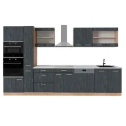 R-Line komplett kök, 350 cm, PT Marmor, Svart betong/guld ek, Vicco