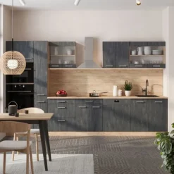 R-Line komplett kök, 350 cm, PT Marmor, Svart betong/guld ek, Vicco