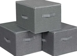 Rootz förvaringslådor - Set om 3 - Lock - Vikbart - Tyg - Handtag - Grå - 40 x 30 x 25 cm