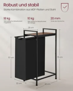 Rootz Tvättkorg med Hylla - Klädkorgar - Multifunktionell Organizer - MDF och stål - 42cm x 28cm x 75cm - 3,5kg - Bläck Svart-Vintage Brun
