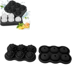 Rose isbitsform silikon 6 kuber BPA-fri ismaskin med lock för cocktail, whisky, svart