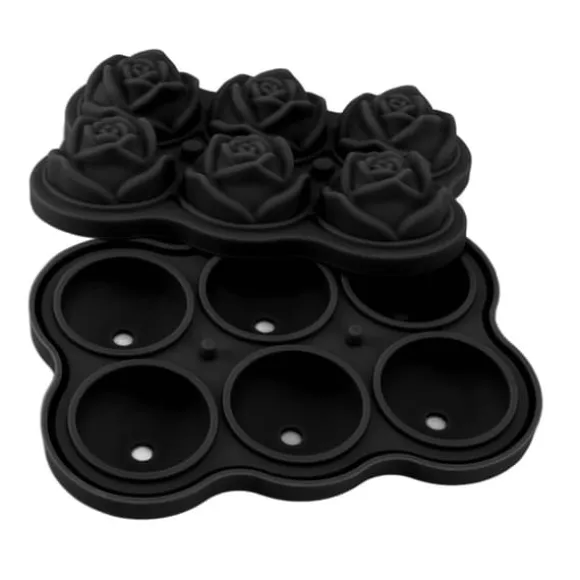 Rose isbitsform silikon 6 kuber BPA-fri ismaskin med lock för cocktail, whisky, svart