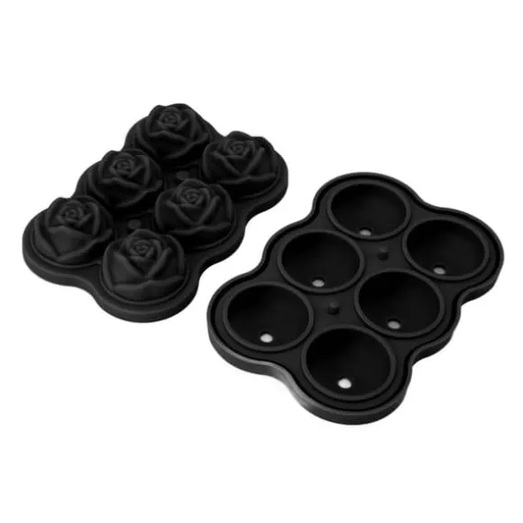 Rose isbitsform silikon 6 kuber BPA-fri ismaskin med lock för cocktail, whisky, svart