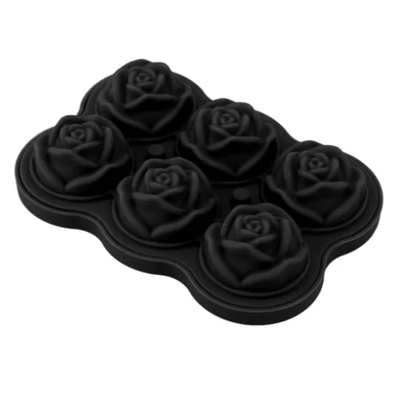 Rose isbitsform silikon 6 kuber BPA-fri ismaskin med lock för cocktail, whisky, svart