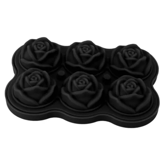 Rose isbitsform silikon 6 kuber BPA-fri ismaskin med lock för cocktail, whisky, svart