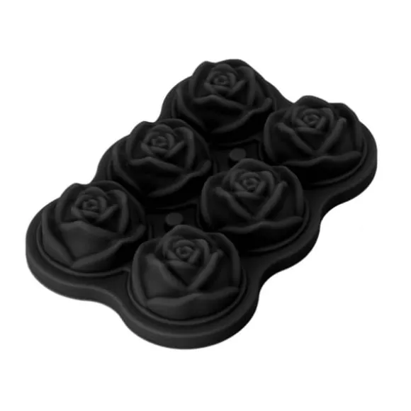 Rose isbitsform silikon 6 kuber BPA-fri ismaskin med lock för cocktail, whisky, svart