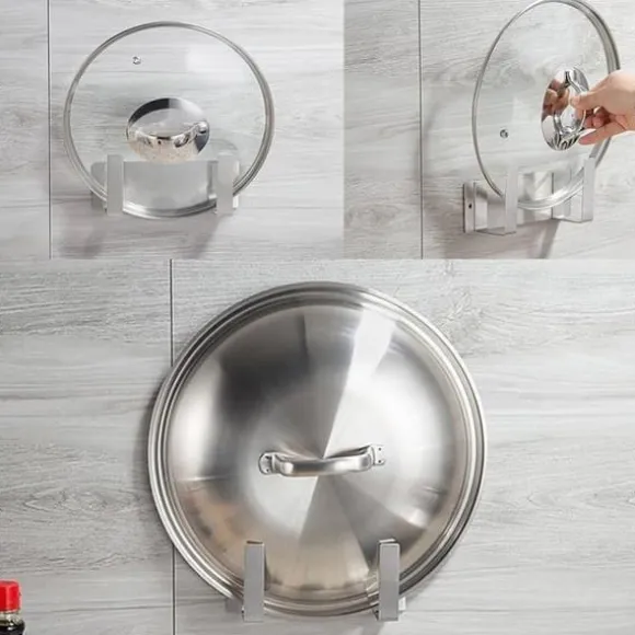 Rostfritt Stål Enkelt Stekpanna Lock Rack Kök Förvaringshållare Silver