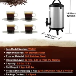 Rostfritt stål isolerad dryckesautomat, 2 gallon (7,6 liter), för varm och kall dryck, livsmedelsklassad för te, kaffe, vatten.