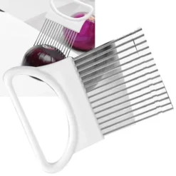 Rostfritt stål Lökhållare Lökskärarassistent Rostfritt stål Köksprylar för att skiva kötttråd Frukt Grönsaker Vit