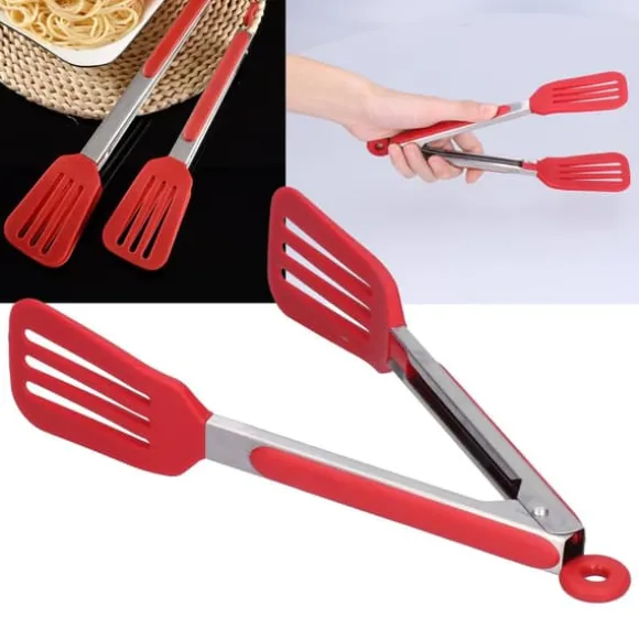 Rostfritt Stål Silikon Steakklämma Hopfällbar Grill Baktång för BBQ Kök 9po Rouge