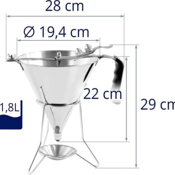 Royal Catering - Doseringstratt - 1,8 L - Rostfritt stål - 3 fyllningsspetsar - Stativ med droppbricka