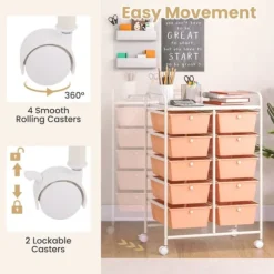 Rullvagn för förvarcmg, 10-lådor, 26x14,5x34cm, Persika