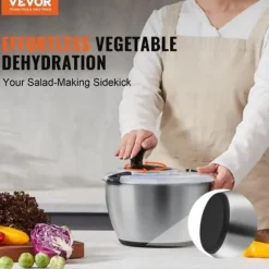 Salladssnurra - VEVOR - Rostfritt stål 4,5L, 250x250x210mm med lock i rostfritt stål för torkning av grönsaker BPA-fri