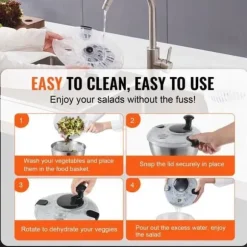 Salladssnurra - VEVOR - Rostfritt stål 4,5L, 250x250x210mm med lock i rostfritt stål för torkning av grönsaker BPA-fri