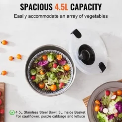 Salladssnurra - VEVOR - Rostfritt stål 4,5L, 250x250x210mm med lock i rostfritt stål för torkning av grönsaker BPA-fri