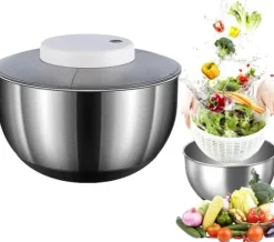 Salladstork, 4,5L salladstork i rostfritt stål med automatisk rotation, halkfri botten och USB-laddning, frukt-/grönsakstork med lock, stor salladsto | CDON