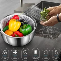 Salladstork, 4,5L salladstork i rostfritt stål med automatisk rotation, halkfri botten och USB-laddning, frukt-/grönsakstork med lock, stor salladsto | CDON