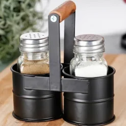 Salt- och pepparkar med stativ, 3 stycken.