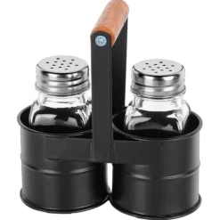 Salt- och pepparkar med stativ, 3 stycken.