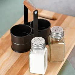 Salt- och pepparkar med stativ, 3 stycken.