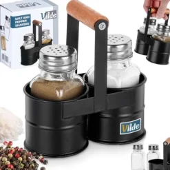 Salt- och pepparkar med stativ, 3 stycken.