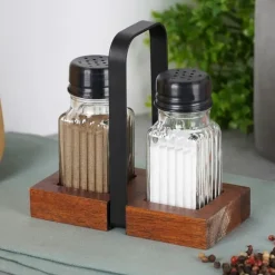 Salt- och pepparkar med stativ, 3 stycken.