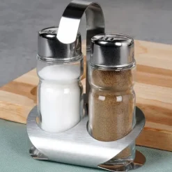 Salt- och pepparkar med stativ, 3 stycken.