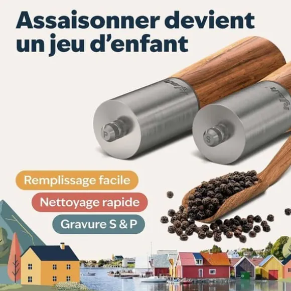 Salt- och pepparkvarnset i premium rostfritt stål och akacieträ - Elegant set