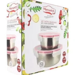Set med 2 lufttäta behållare med lock - MENASTYL - 5040178 - Rostfritt stål - Rund - 15 och 20 cm - Mikrovågssäker