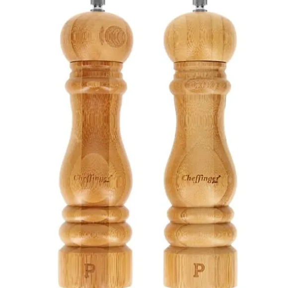 Set med 2 Mölningar för Salt och Peppar i Naturlig Bambus Justerbar Kvarn Cheffinger Brun / Beige