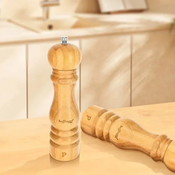 Set med 2 Mölningar för Salt och Peppar i Naturlig Bambus Justerbar Kvarn Cheffinger Brun / Beige