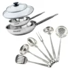 Set med 2 stekpannor 20 och 28 cm i rostfritt stål, 2 glaslock och 6 rostfria köksredskap från Fackelmann Eterna