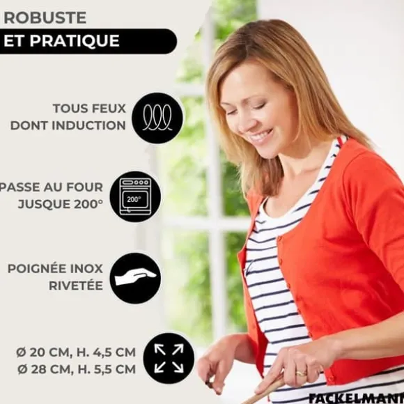 Set med 2 stekpannor 20 och 28 cm i rostfritt stål, 2 glaslock och 6 rostfria köksredskap från Fackelmann Eterna