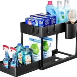 Set med 1 2-vånings förvaring under diskbänk med avtagbara lådor, organisering av kök under diskbänk