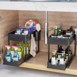 Set med 1 2-vånings förvaring under diskbänk med avtagbara lådor, organisering av kök under diskbänk
