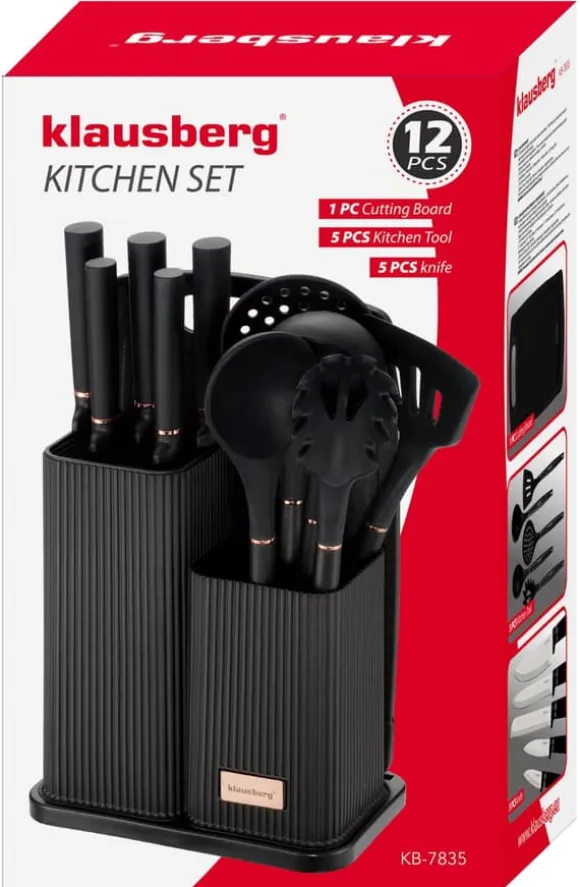 Set med köksknivar i ett block med köksredskap och en skärbräda, 12 delar, KLAUSBERG KB-7835