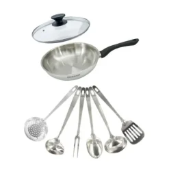 Set stekpanna 24 cm i rostfritt stål, glaslock och 6 rostfria köksredskap Fackelmann Geneva