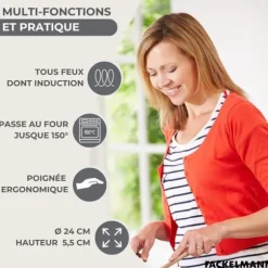 Set stekpanna 24 cm i rostfritt stål, glaslock och 6 rostfria köksredskap Fackelmann Geneva