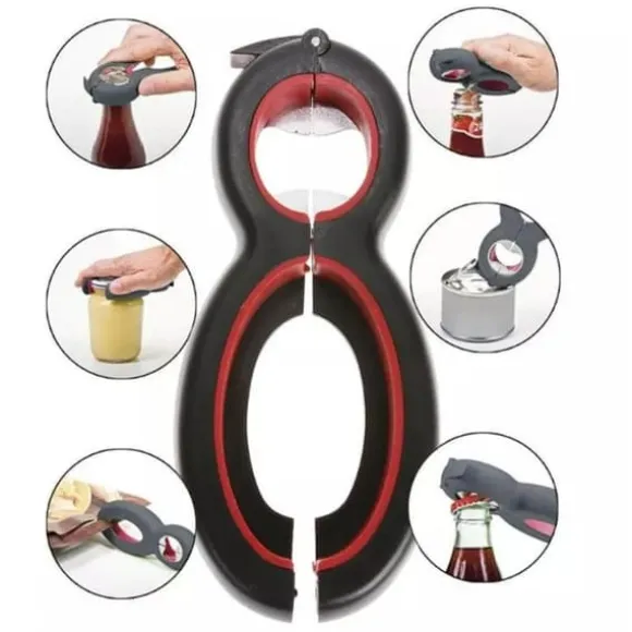 Sex i en konservöppnare och flasköppnare