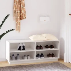 Skoskåp i massiv furu - Förvaring och tv-bänk | Färg: Vit | Storlek: 110x34x45 cm