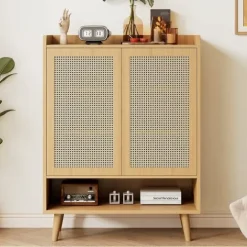 Skoskåp i naturlig rotting – skoförvaring med 2 dörrar & 5 hyllplan, trähandtag & massiva träben – 80x105x35 cm för hall